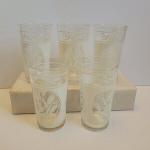 Set 5 White Wheat Pattern  Gold Rim Clear 5" Tumblers Drinking Glasses  -Beauty
